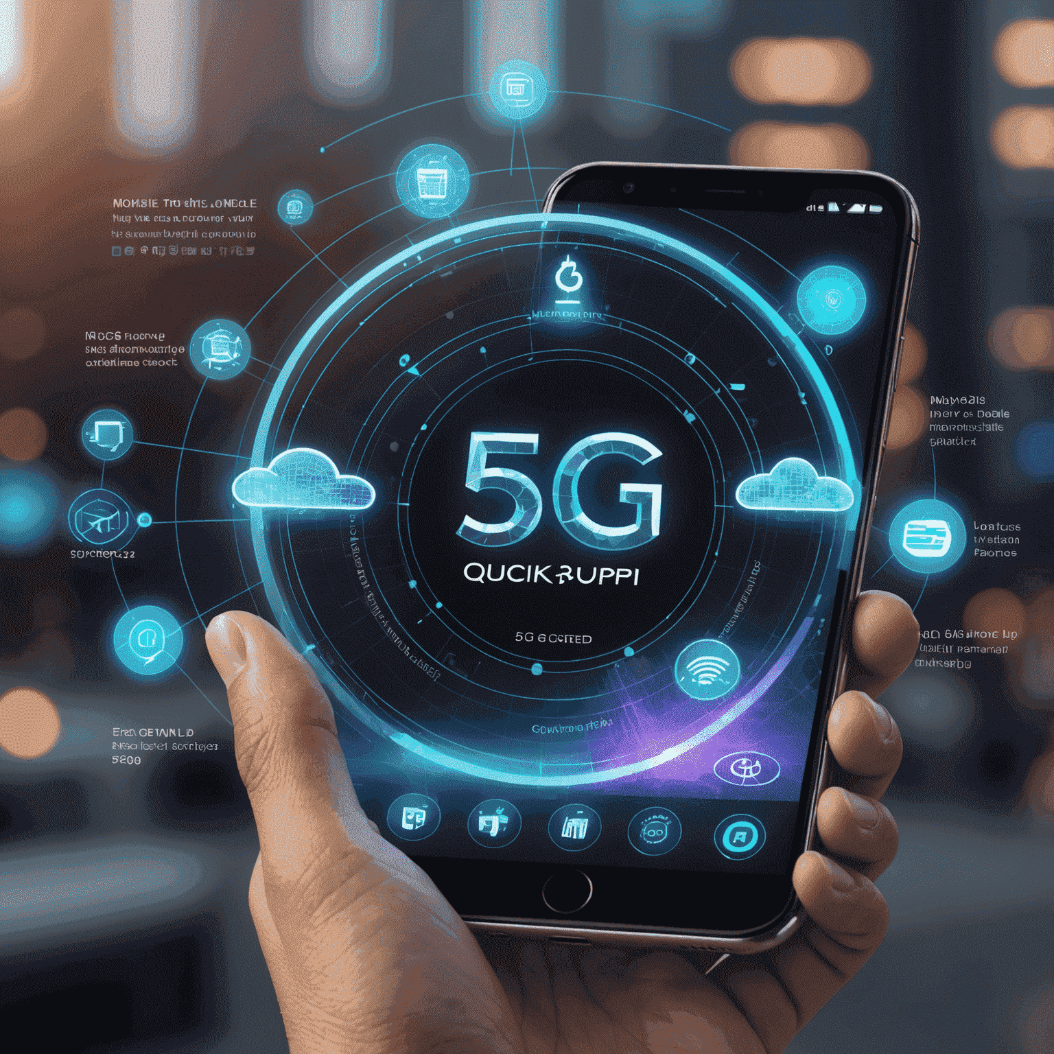 Holographic interface showing various quick top-up options for 5G mobile and internet plans, with futuristic payment methods visualized