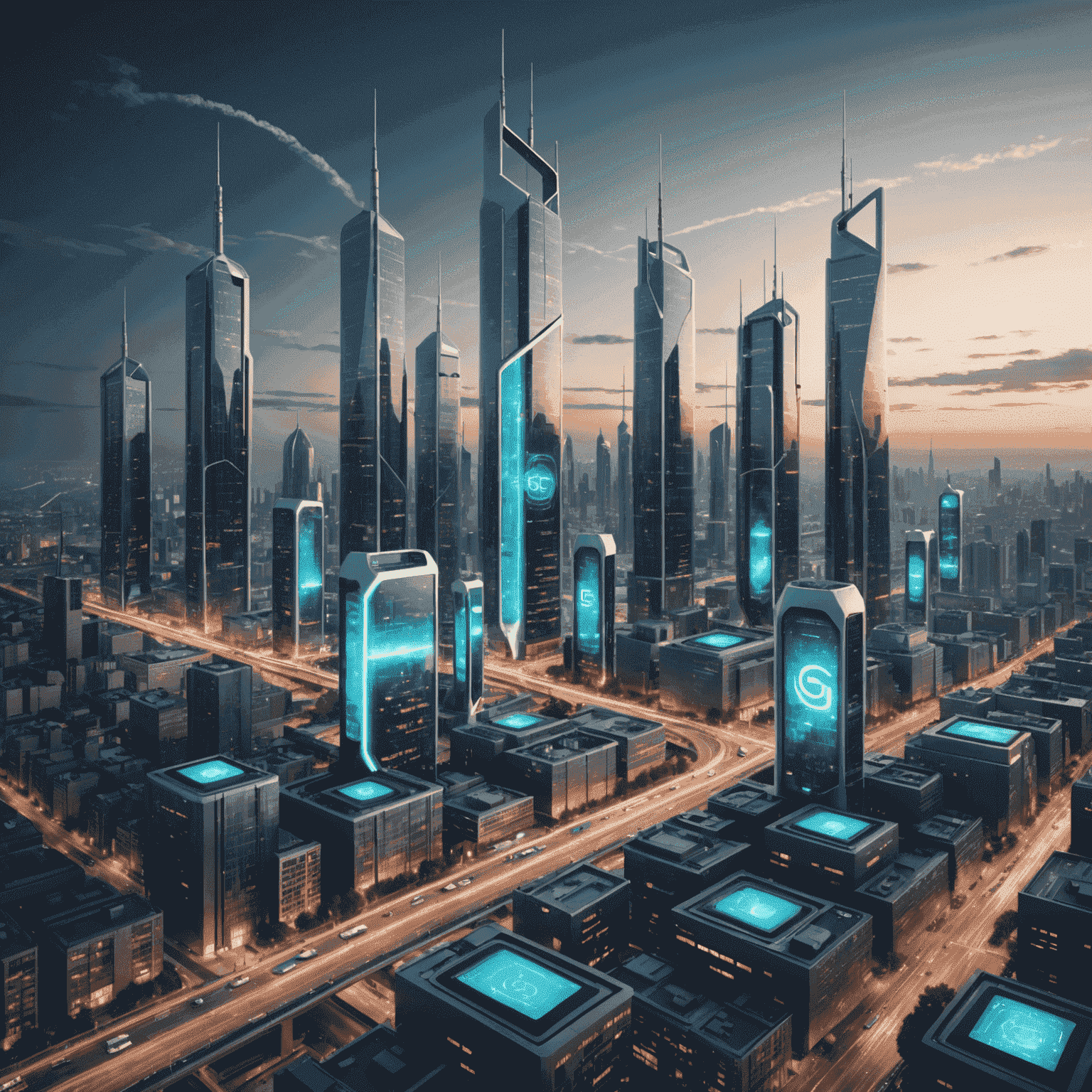 Futuristic cityscape with 5G towers and connected devices, showcasing ultra-fast mobile internet