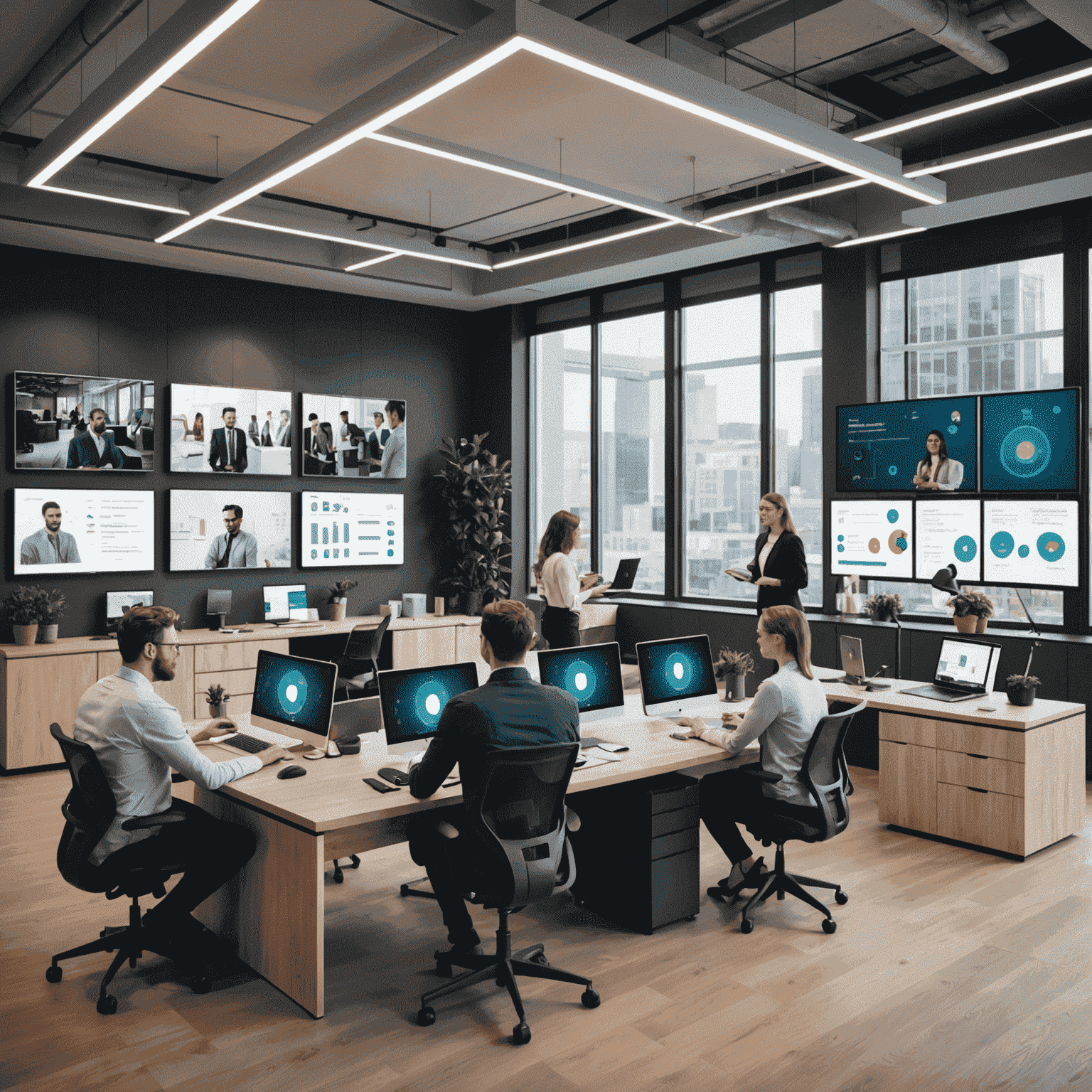 Modern office space with professionals using various 5G-connected devices for video conferencing, data analysis, and IoT management